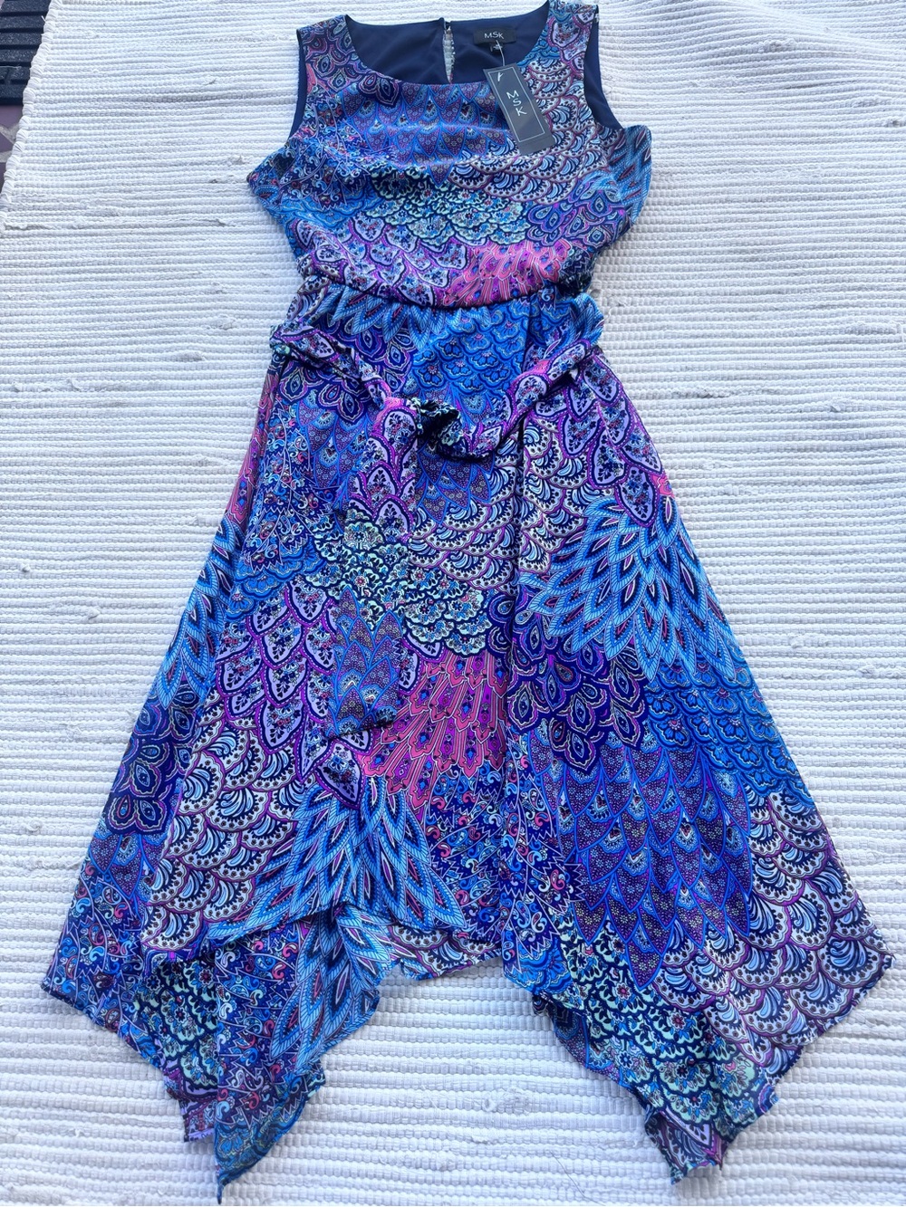 MSK Blue Purple Paisley Handkerchief Hem Midi Dress Size 10 NWT - Picture 3 of 12